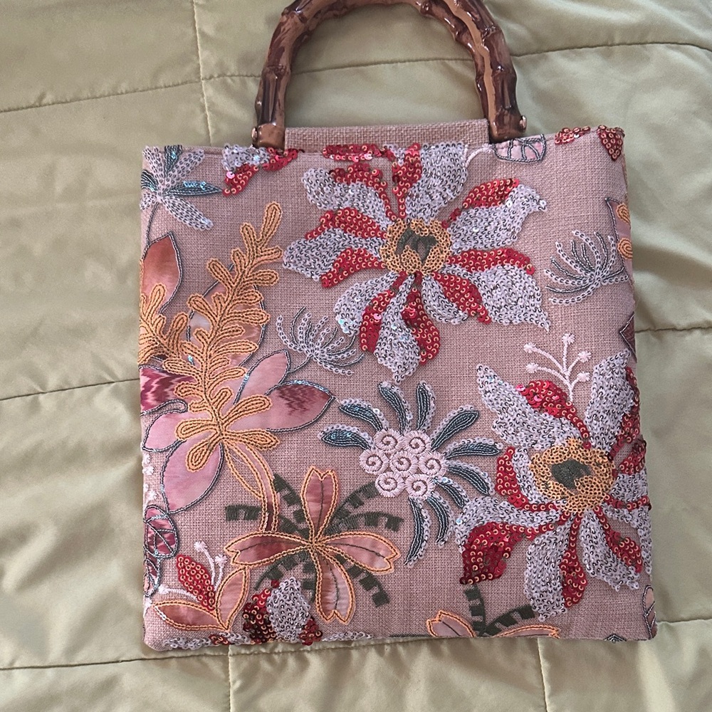 Floral Embroidered Tote Bag with Bamboo Handles